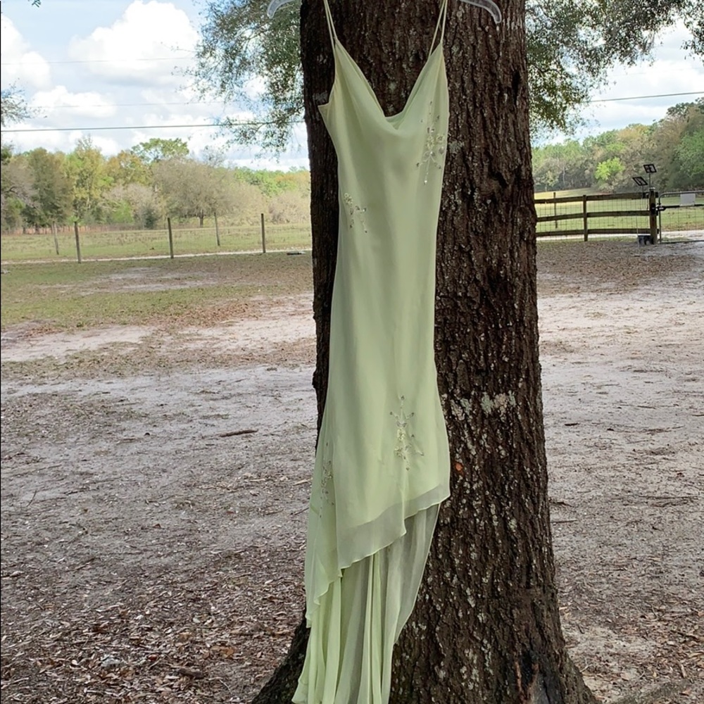 Light green beaded Bari Jay high low gown